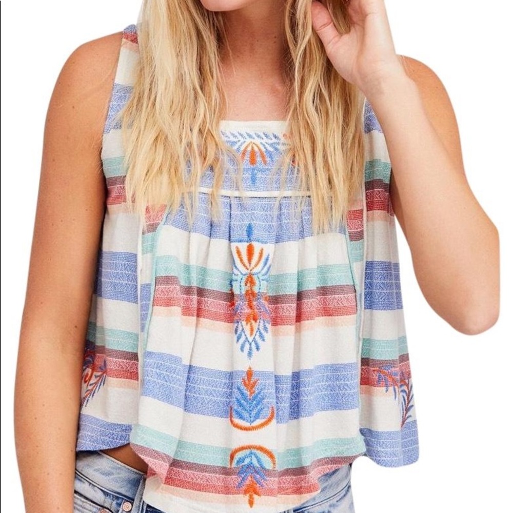 🆕 Free People Ivory, Blue and Red Embroidered Striped Cotton Tank, XS
